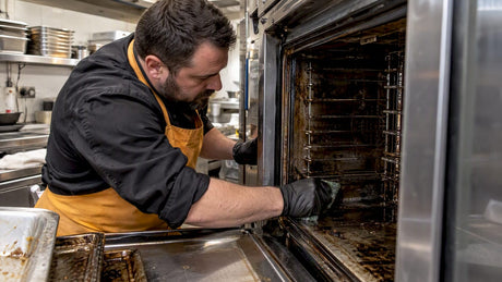 Kitchen worker scrubbing a commercial oven cavity