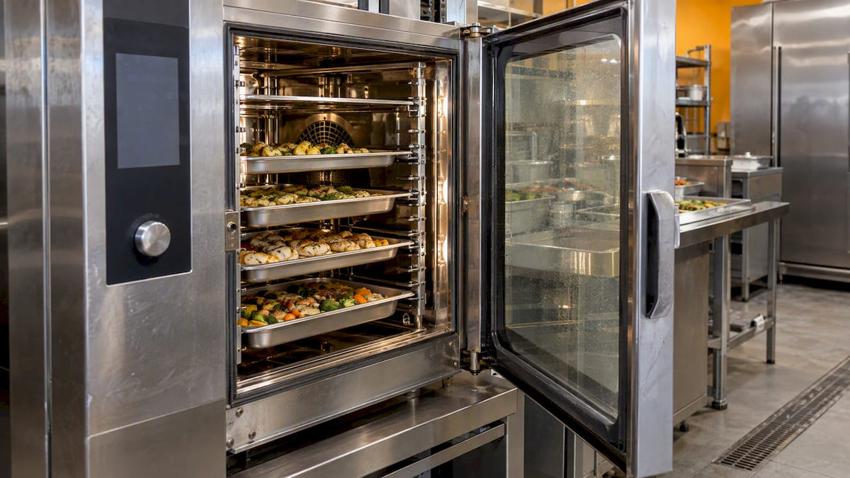 Combi oven regenerating prepared food on trays