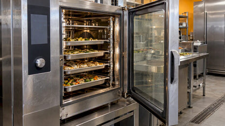 Combi oven regenerating prepared food on trays