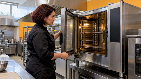 Chef assessing a commercial oven in a showroom