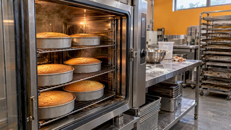 Sponge cakes baking inside a combi oven