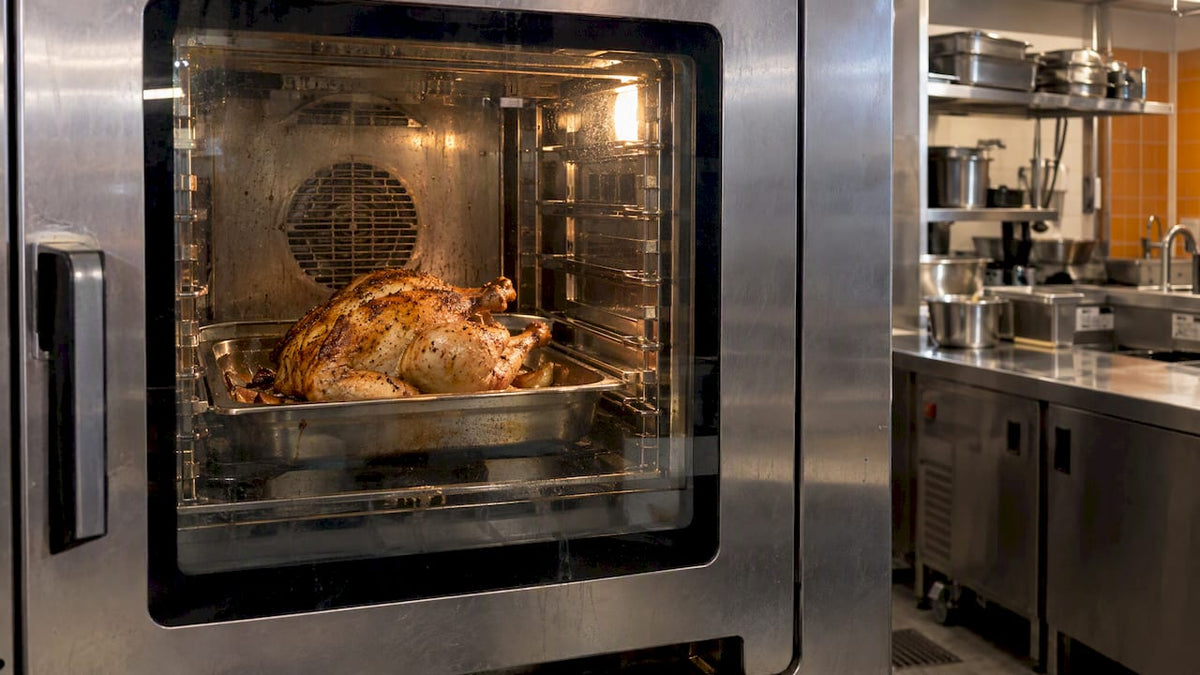 Whole chicken roasting in a combi oven